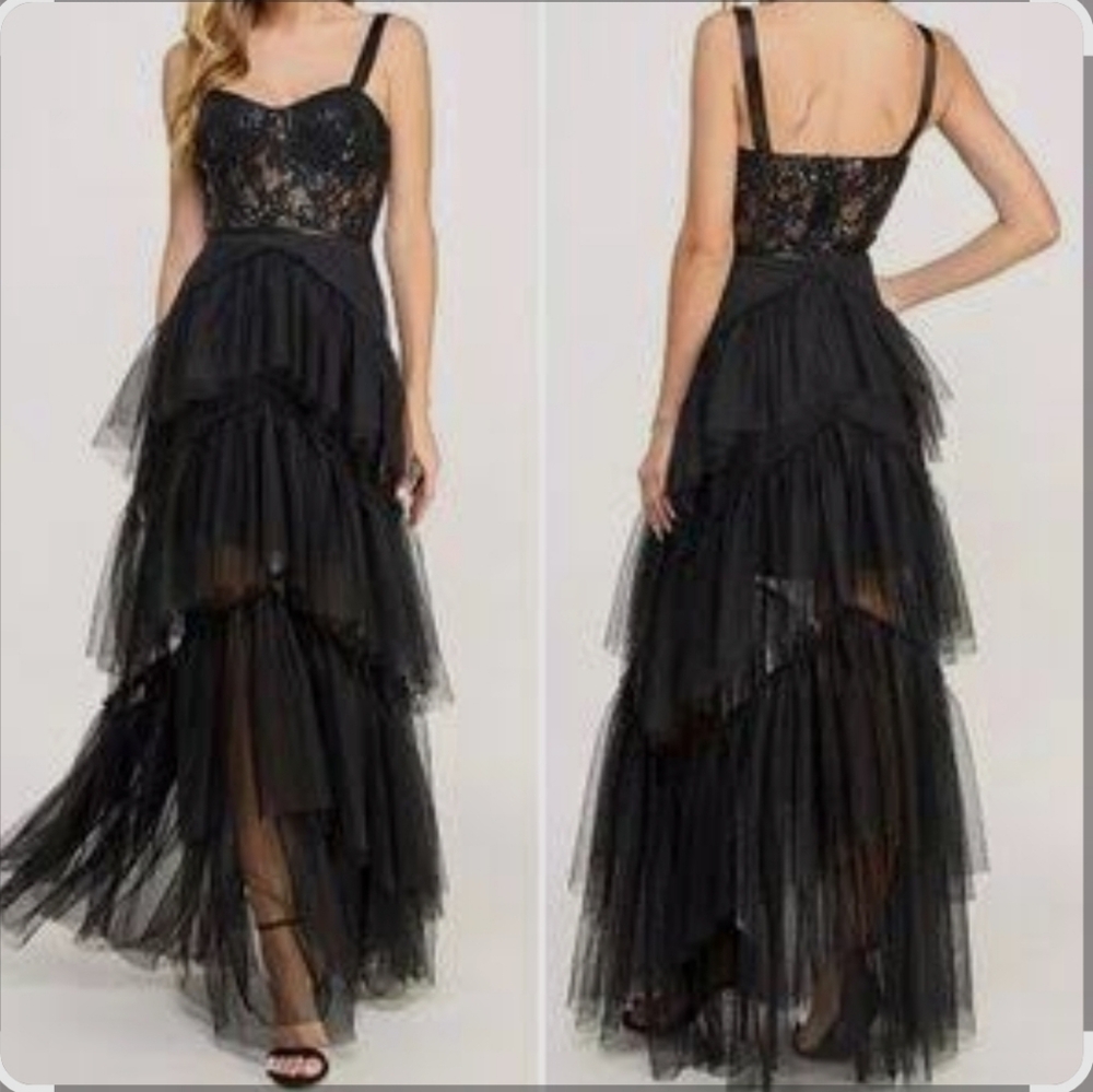 NWT City Studio Black Prom Dress Lace Sequin Tiered Tulle Gown 3/4 Y2K Goth